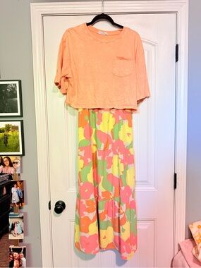 Peach Crop Tee with Floral Maxi Dress Set